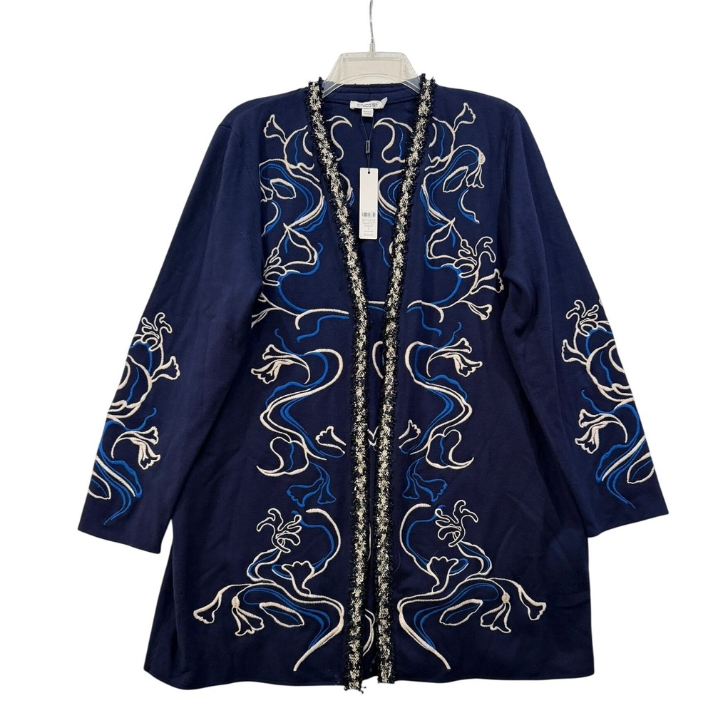 Chicos Long Embroidered Cardigan Sweater Passport Blue Size‎ 3 / 16 NWT